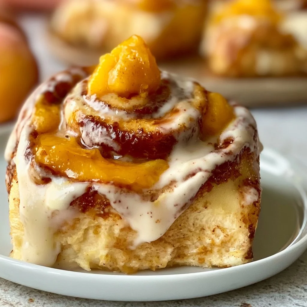Peach Cobbler Cheesecake Cinnamon Rolls topped with fresh peaches and cinnamon