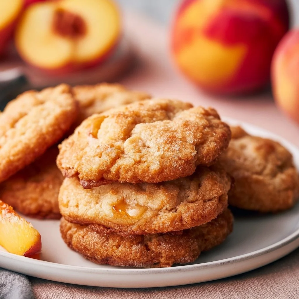 Freshly baked peach cookies on a cooling rack
