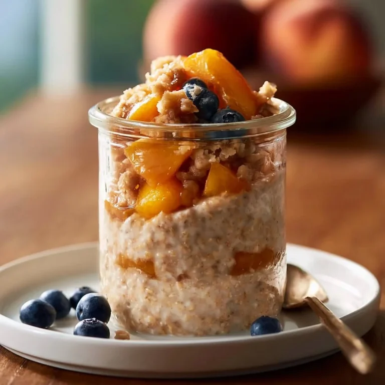 Peach crisp overnight oats topped with fresh peaches and a crunchy topping.