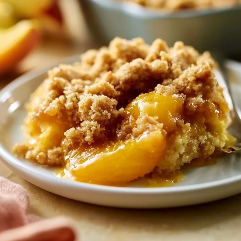 Delicious Peach Dump Cake topped with whipped cream and fresh peaches