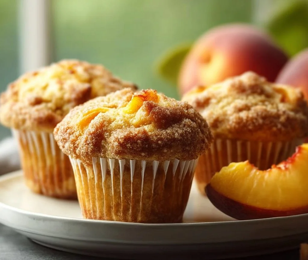 Freshly baked peach muffins with a golden crust and peach chunks