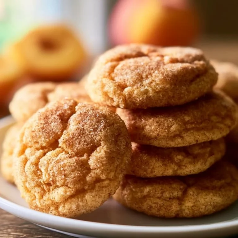 Delicious Peach Snickerdoodle cookies on a plate with a fresh peach