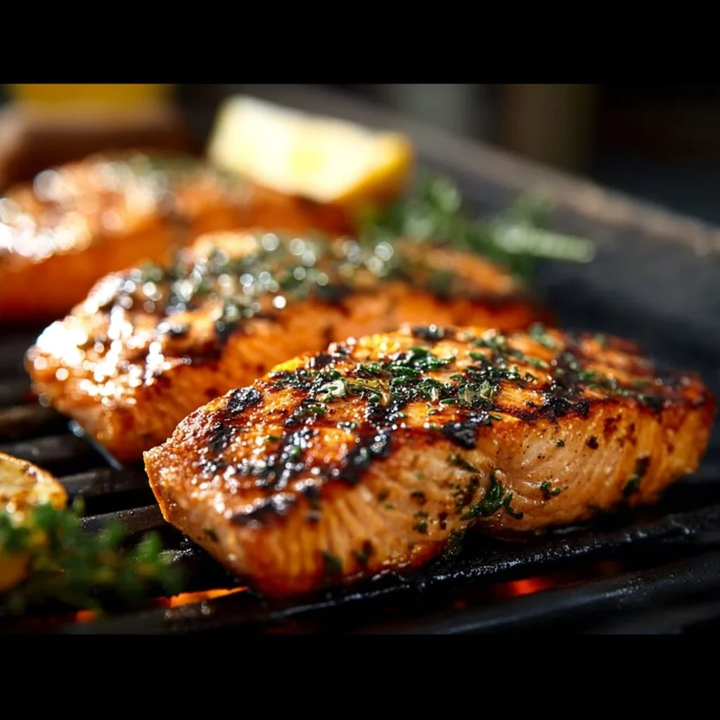 Grilled salmon fillet with fresh herbs and lemon on the barbecue grill