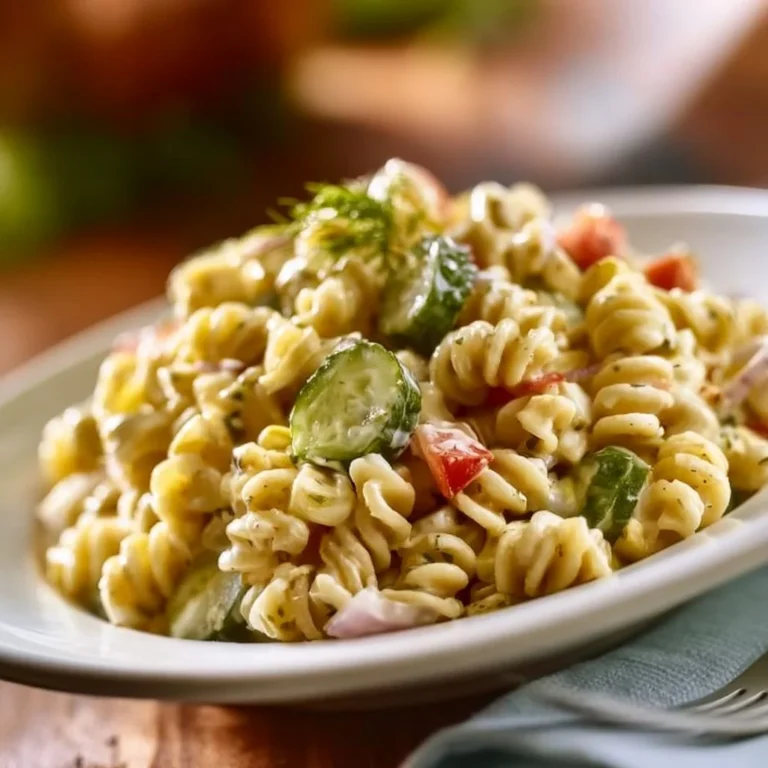 Delicious pickle pasta salad served in a bowl with fresh ingredients.