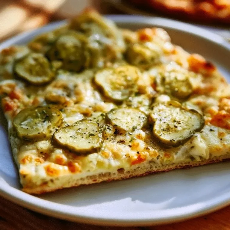 Slice of pickle pizza topped with tangy pickles and cheese on a wooden board