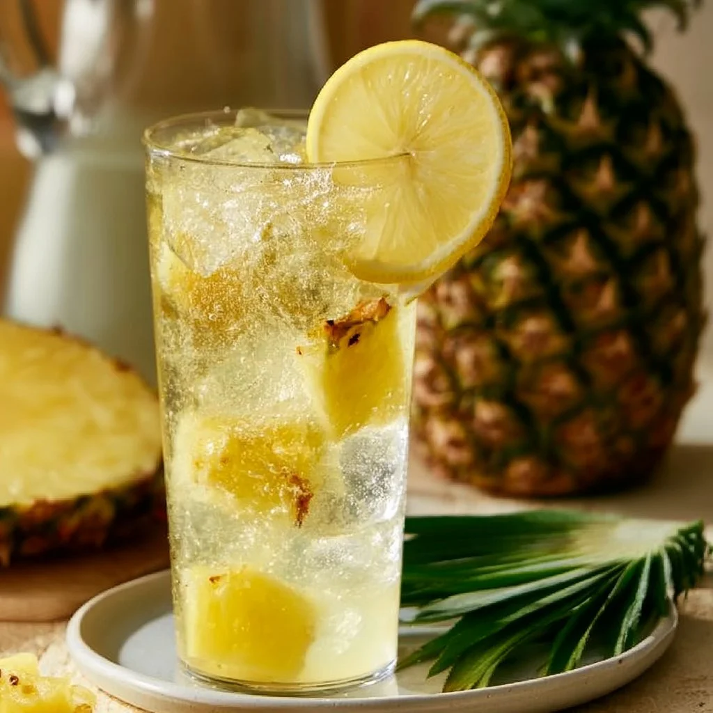 Refreshing glass of sparkling pineapple lemonade with lemon slices