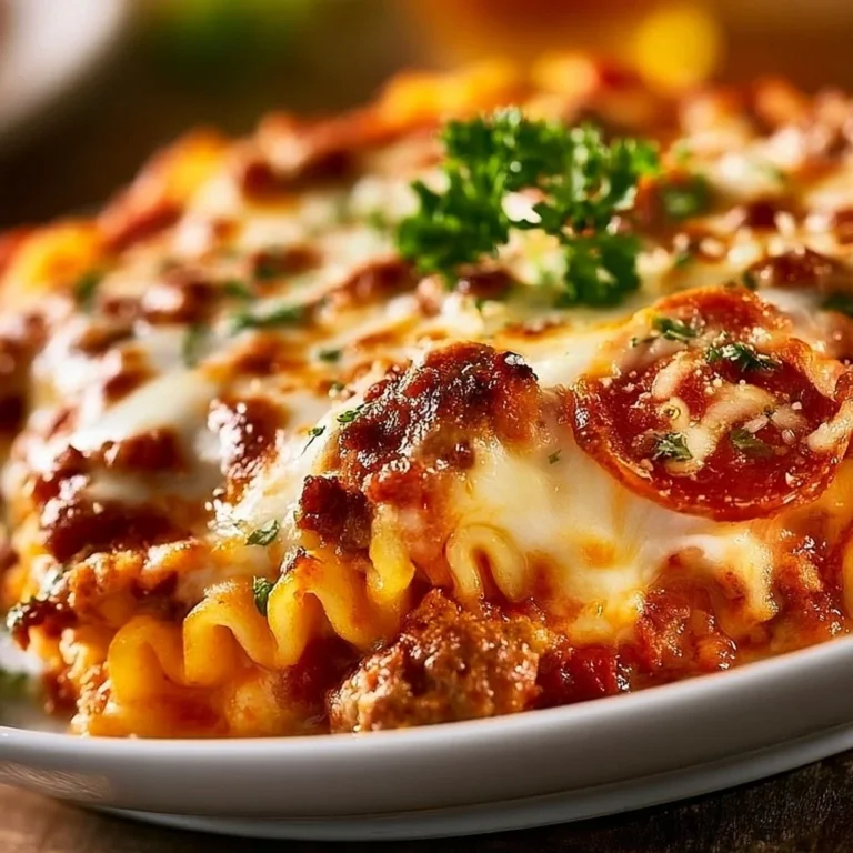 Delicious homemade pizza casserole with melted cheese and toppings