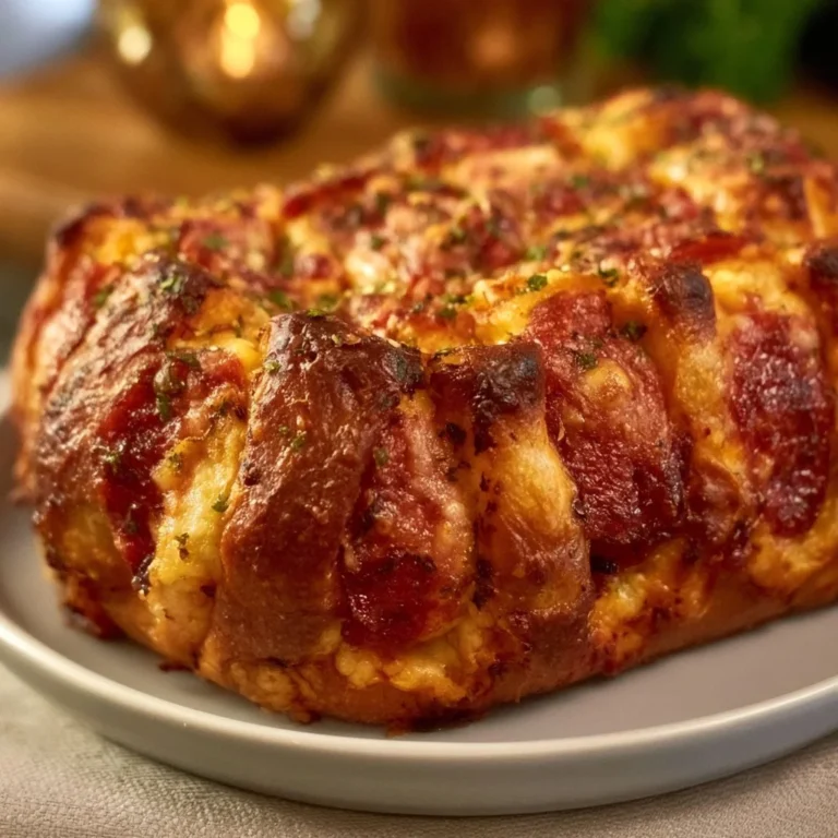 Delicious pull apart pepperoni pizza bread garnished with herbs and cheese.