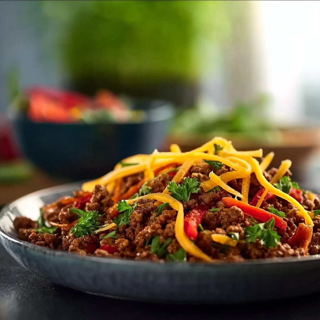 Quick ground beef dinner recipe with fresh ingredients on a plate.