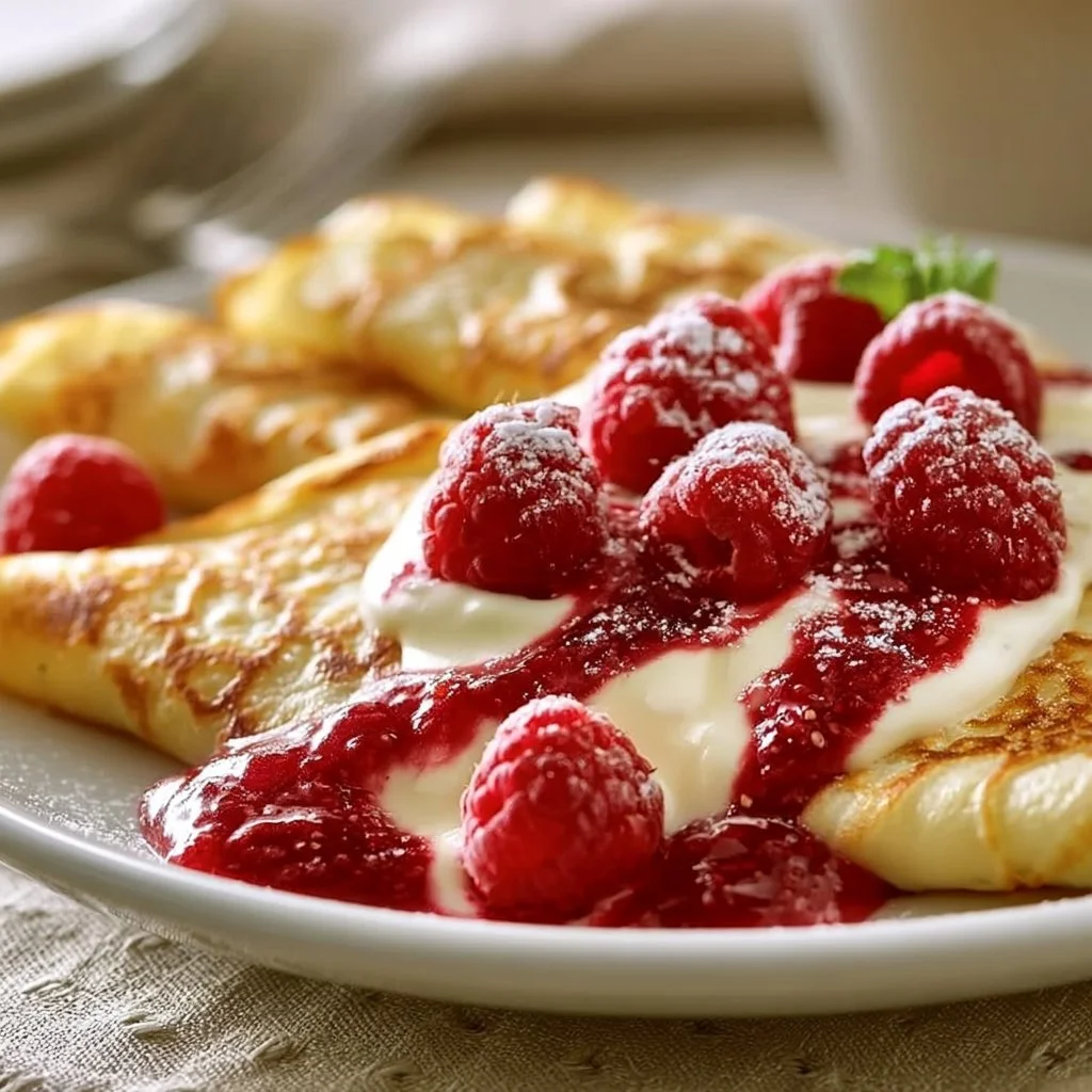 Delicious Raspberry Vanilla Cream Crepes drizzled with raspberry sauce