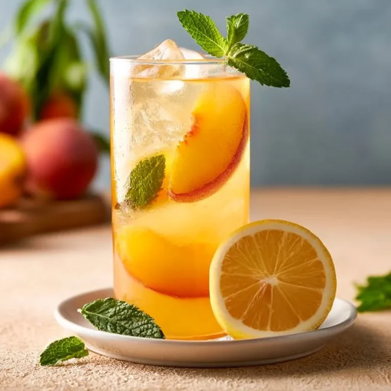 A glass of refreshing peach lemonade garnished with a slice of peach and lemon.