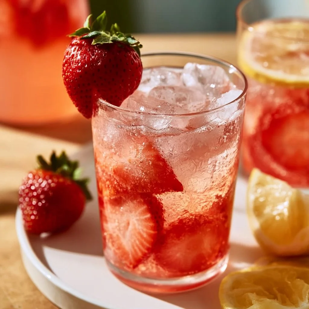 Glass of refreshing strawberry coconut water lemonade with fresh strawberries