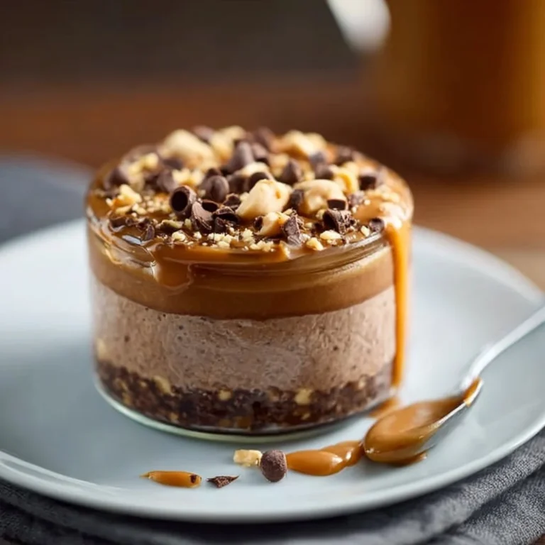 Decadent chocolate peanut butter dessert topped with creamy peanut butter sauce
