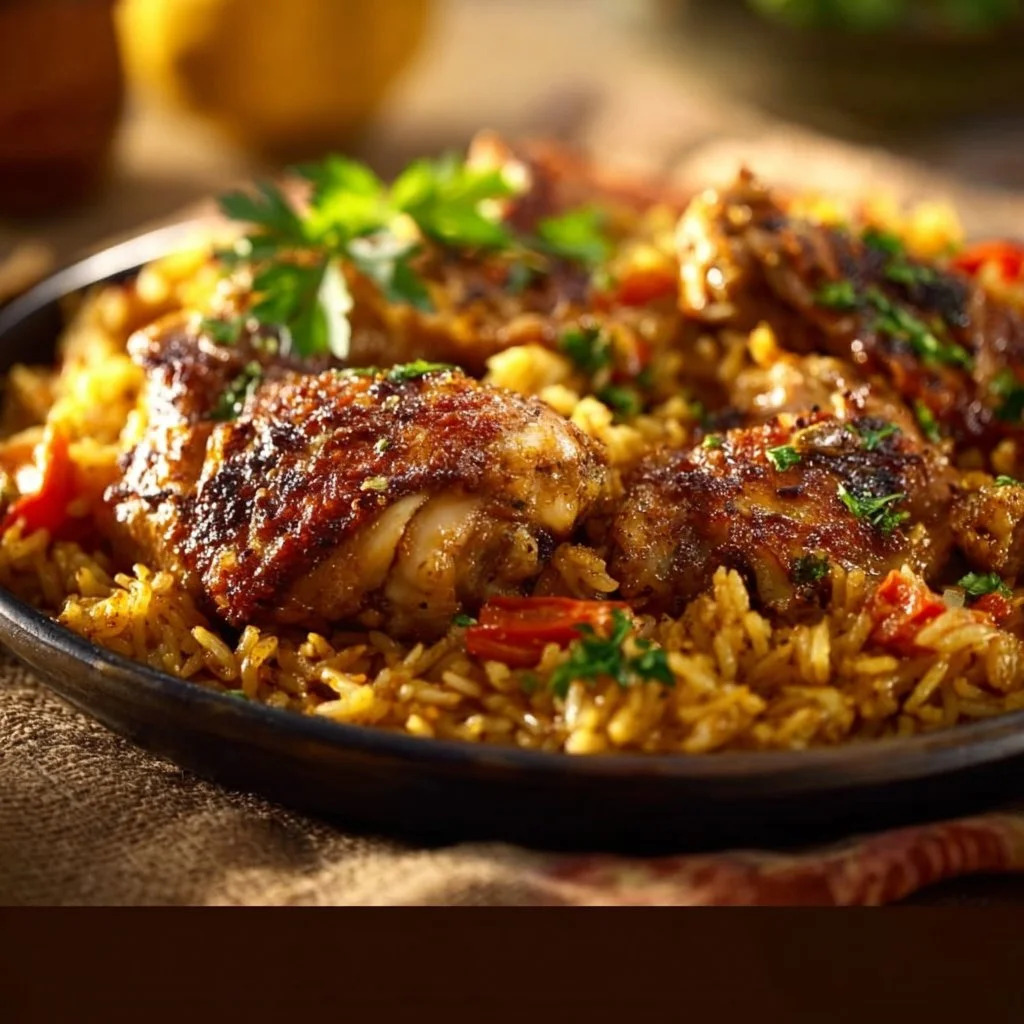 Savory Caribbean Chicken served over aromatic rice, garnished with fresh herbs.