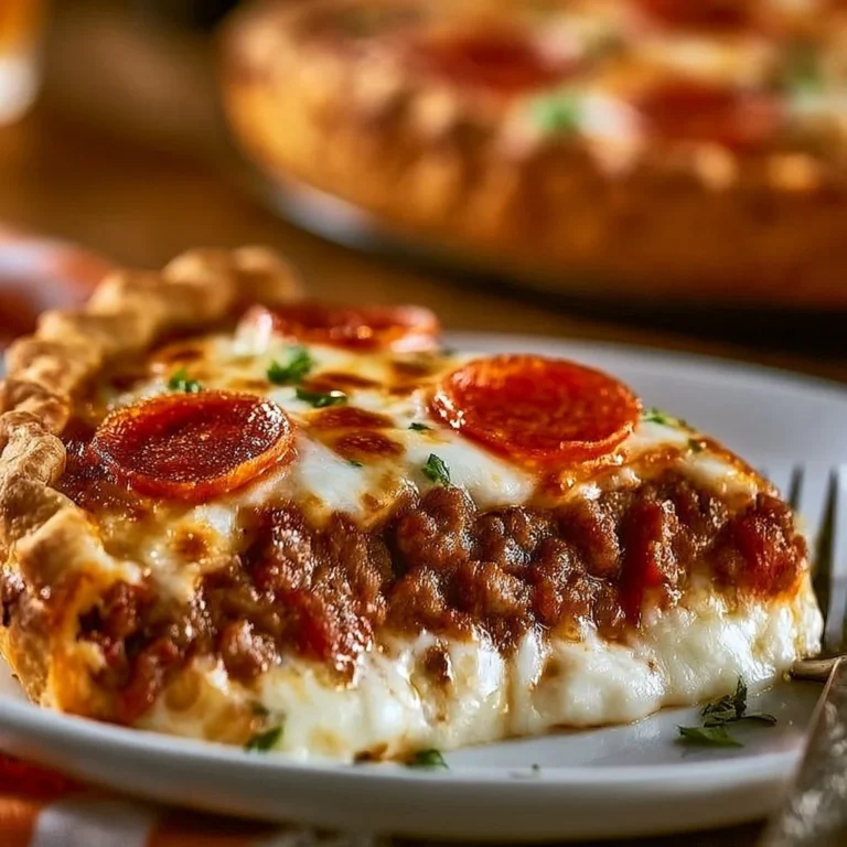 Savory hamburger sausage pie loaded with pepperoni and melted cheese.