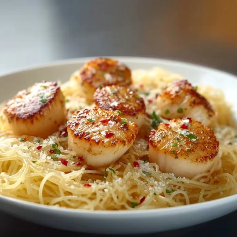 Plate of sea scallops served over angel hair pasta garnished with herbs.