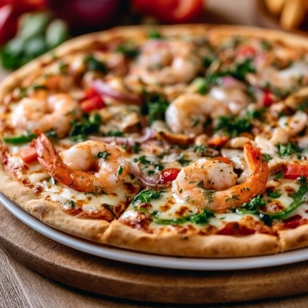 Delicious seafood pizza topped with shrimp, mussels, and herbs, served fresh.