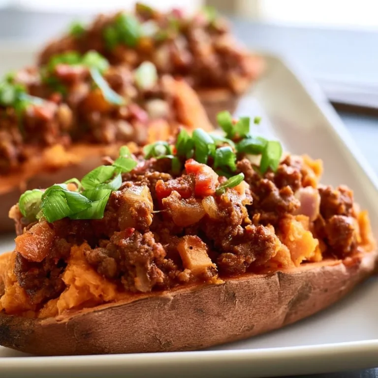 Sloppy Joe Sweet Potatoes topped with savory meat filling and garnished, served on a rustic plate.