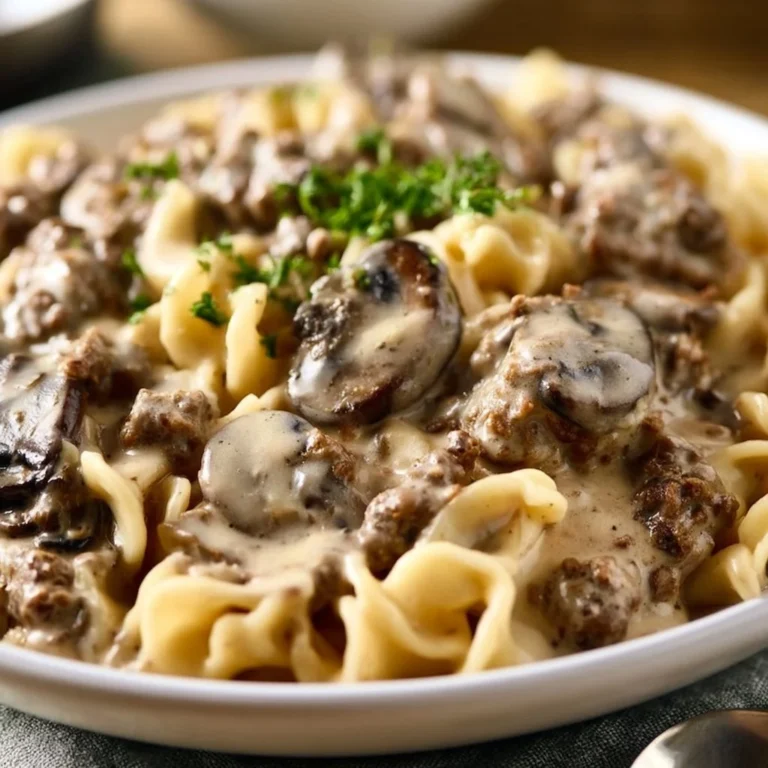 Delicious slow cooker 5-ingredient hamburger stroganoff in a serving dish