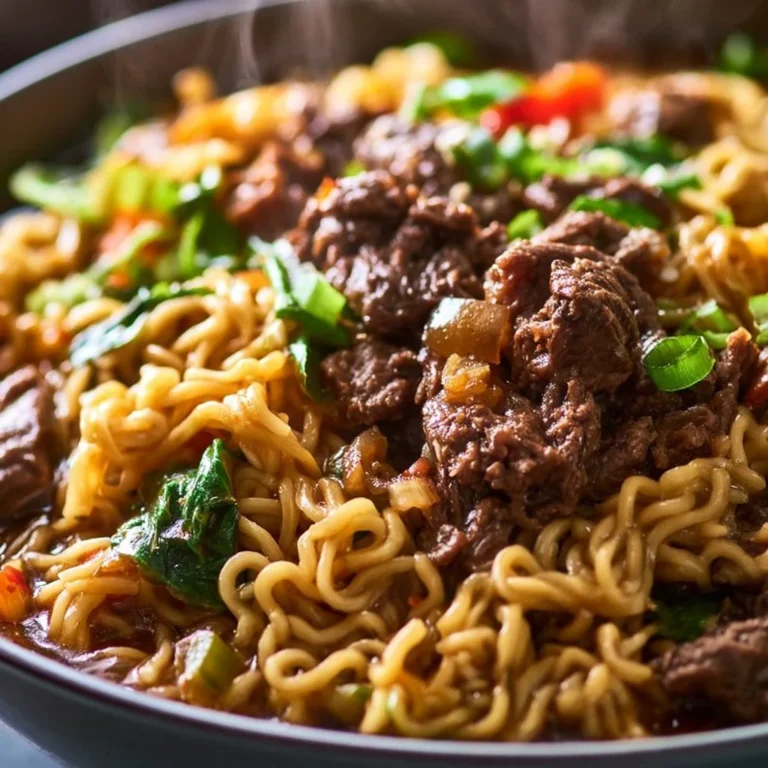 Delicious bowl of slow cooker beef ramen garnished with herbs and vegetables.