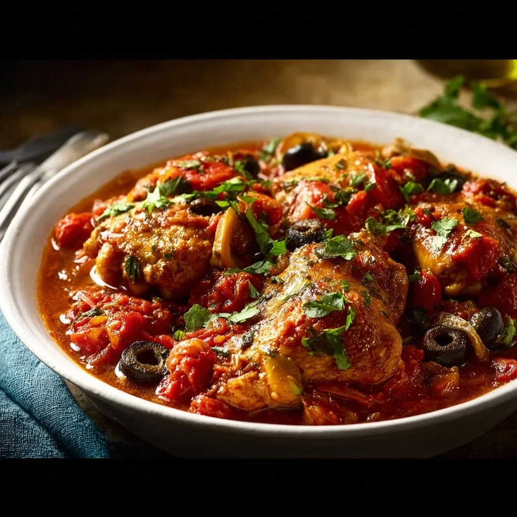 Slow Cooker Chicken Cacciatore served in a rustic dish with vegetables and herbs