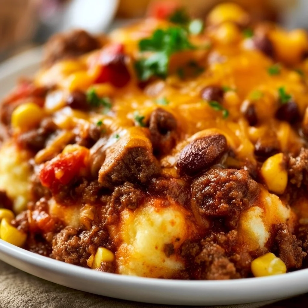 Delicious slow cooker cowboy casserole served in a bowl with toppings