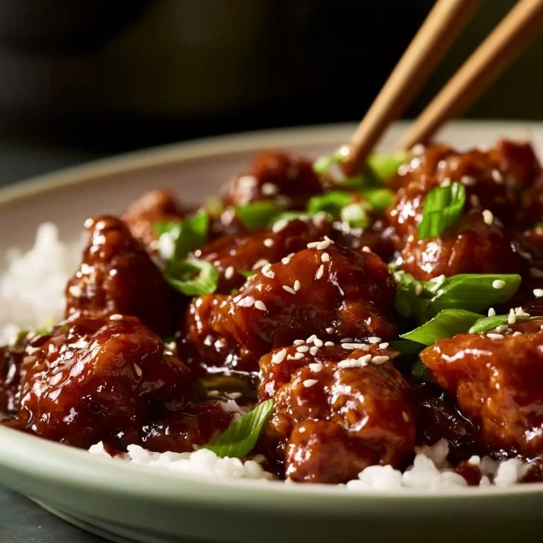 Delicious Slow Cooker General Tso's Chicken served with rice and vegetables