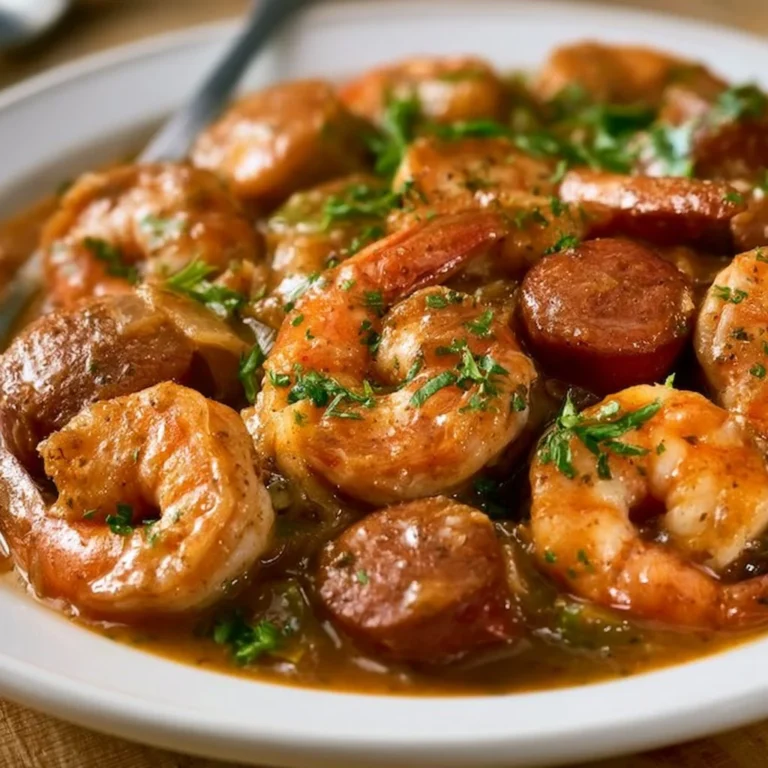 Plate of smothered shrimp and beef sausage served with a savory sauce.