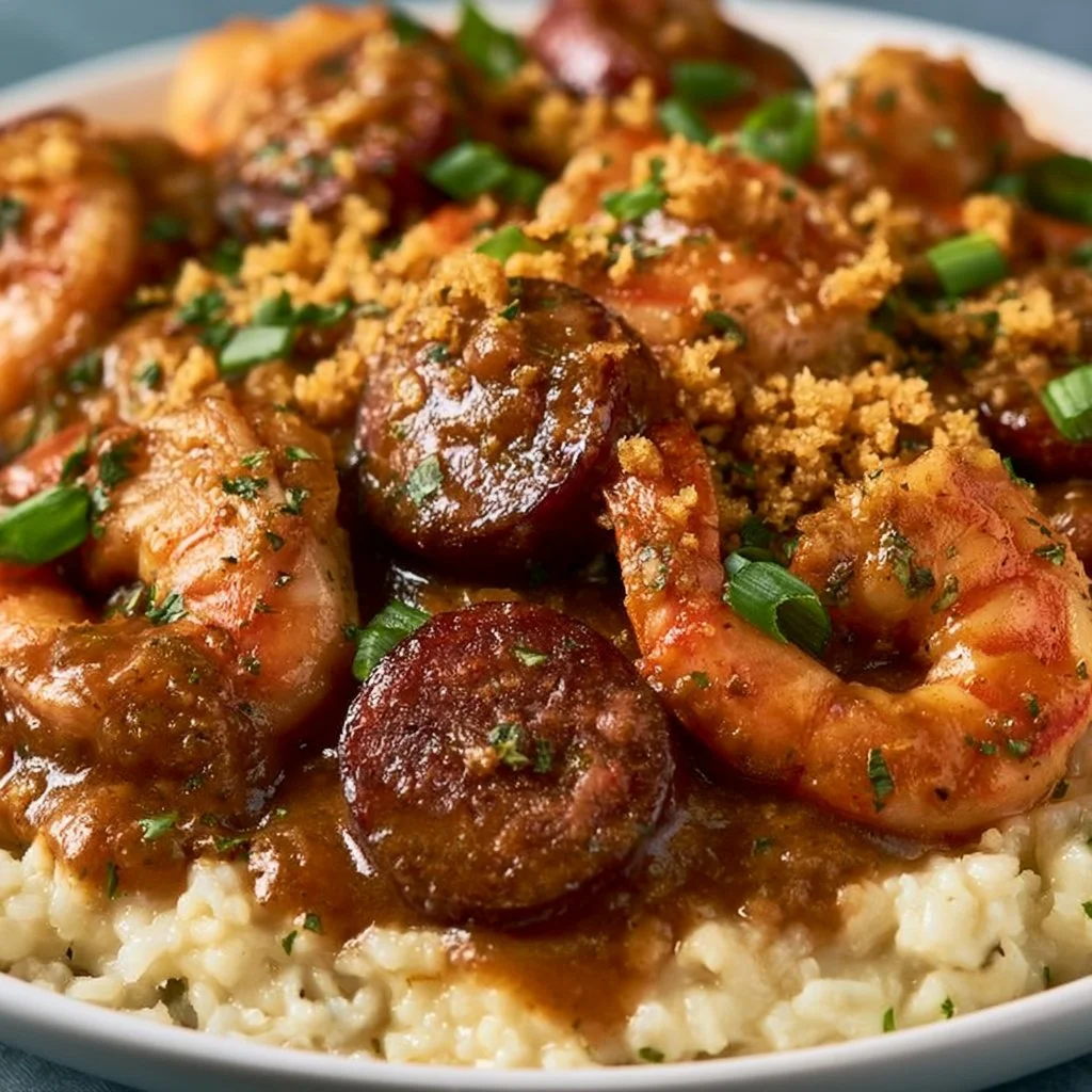 Smothered Shrimp and Beef Sausage