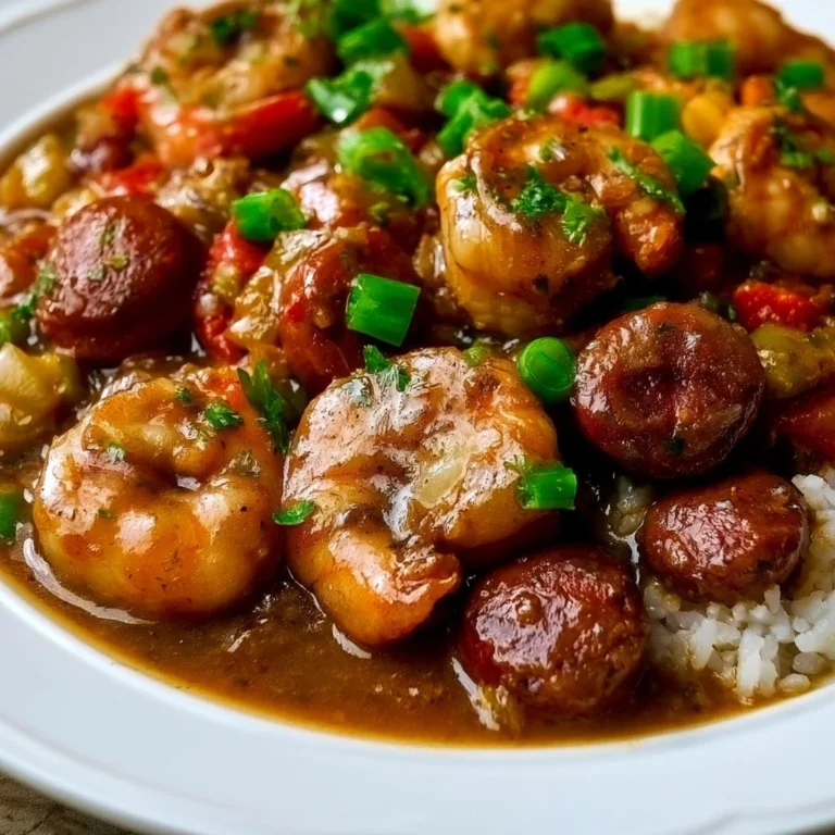 Delicious plate of smothered shrimp and sausage cooked in a savory sauce.