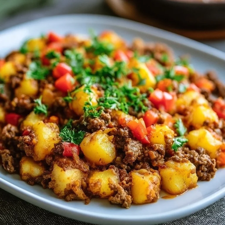 Plate of Southwest ground beef and potatoes garnished with fresh herbs