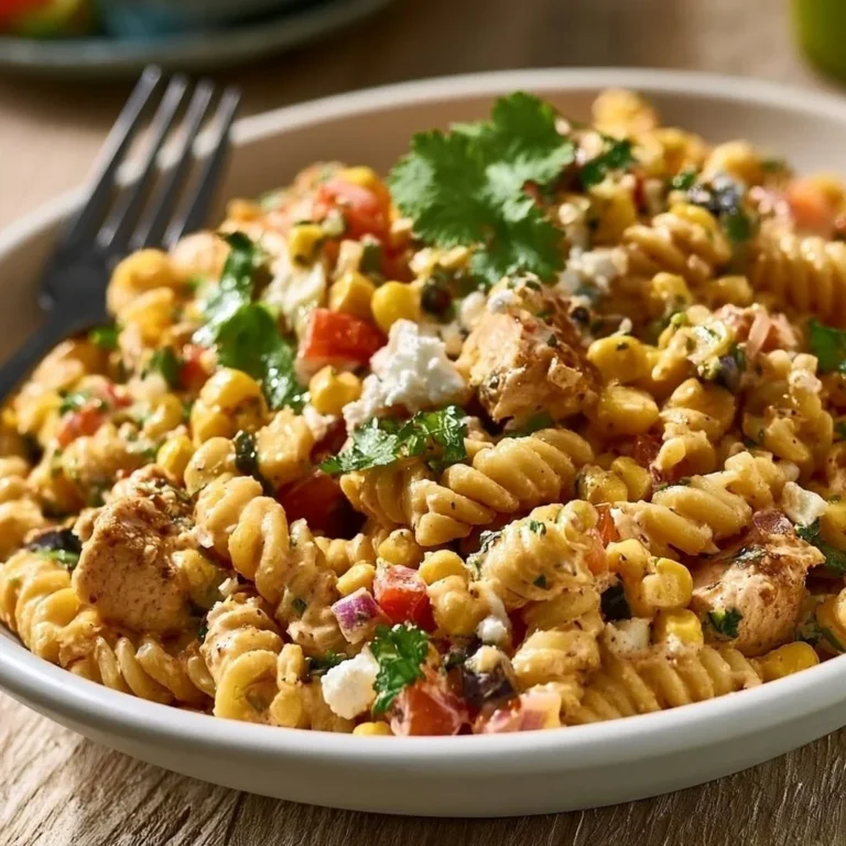 Delicious Spicy Elote Pasta Salad with Chicken served in a bowl
