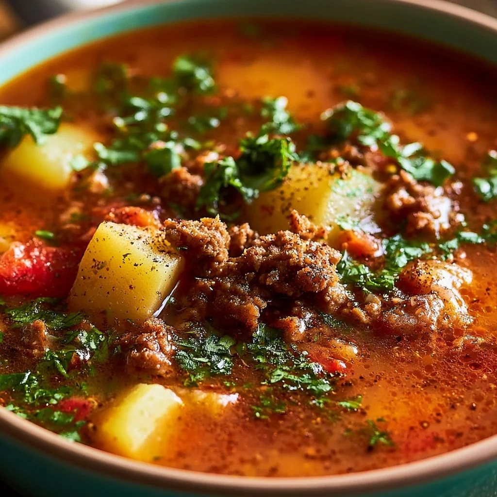 Spicy Mexican Ground Beef Potato Soup - flirtyfood