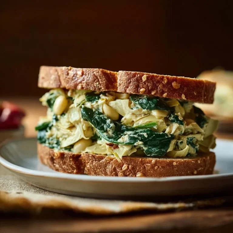 Delicious Spinach Artichoke White Bean Sandwich on a wooden plate