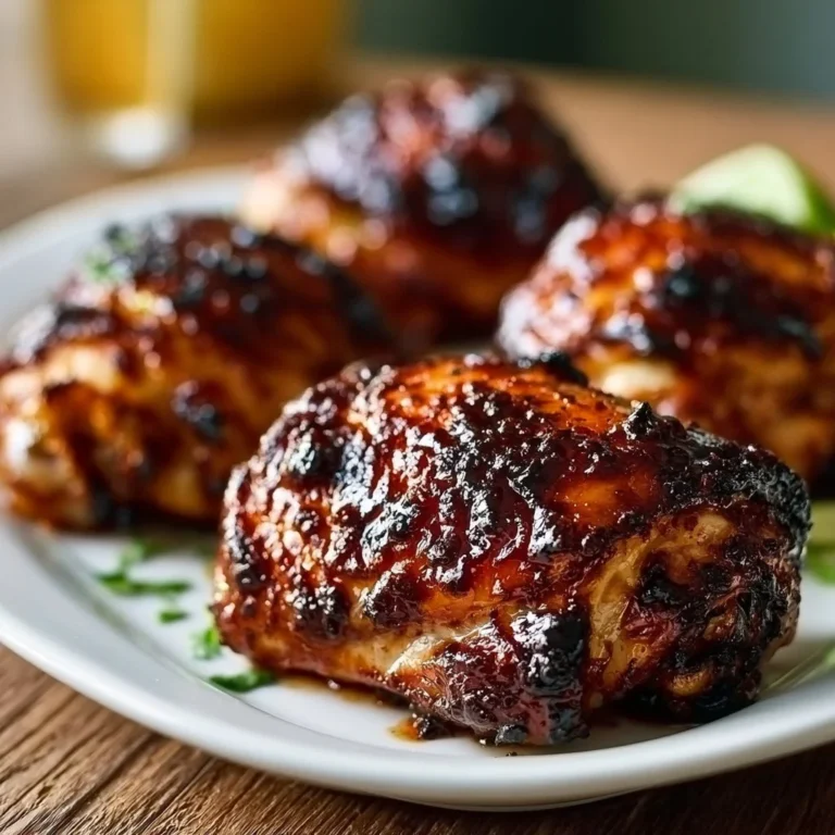Sticky Ancho Chili BBQ Glazed Chicken Thighs on a plate garnished with herbs