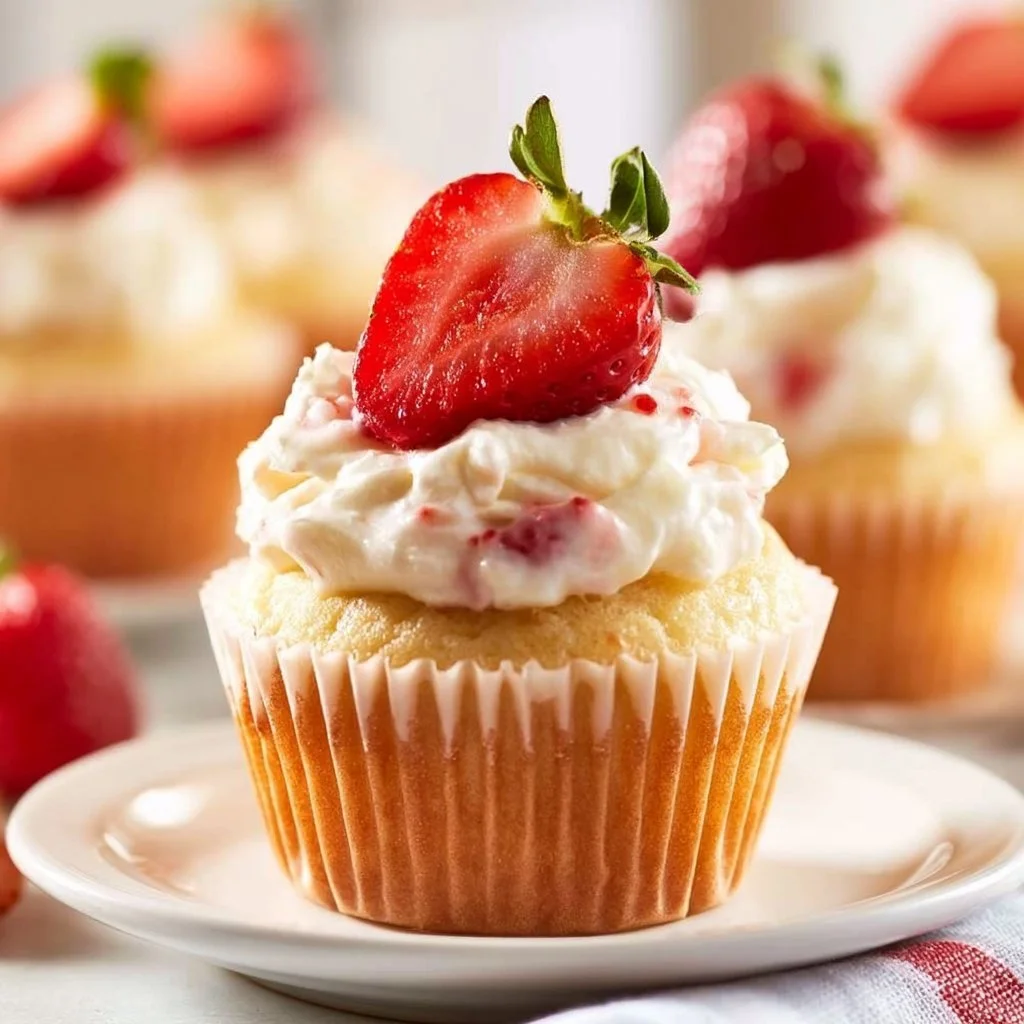 Delicious strawberries and cream cupcakes topped with fresh strawberries and frosting