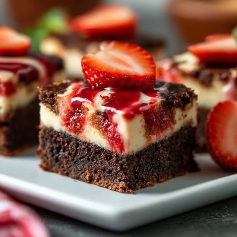 Delicious Strawberry Cheesecake Brownies topped with fresh strawberries