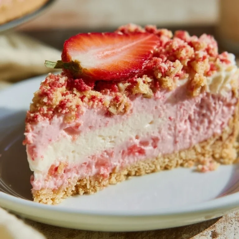 Delicious Strawberry Crunch Cheesecake topped with strawberry crunch