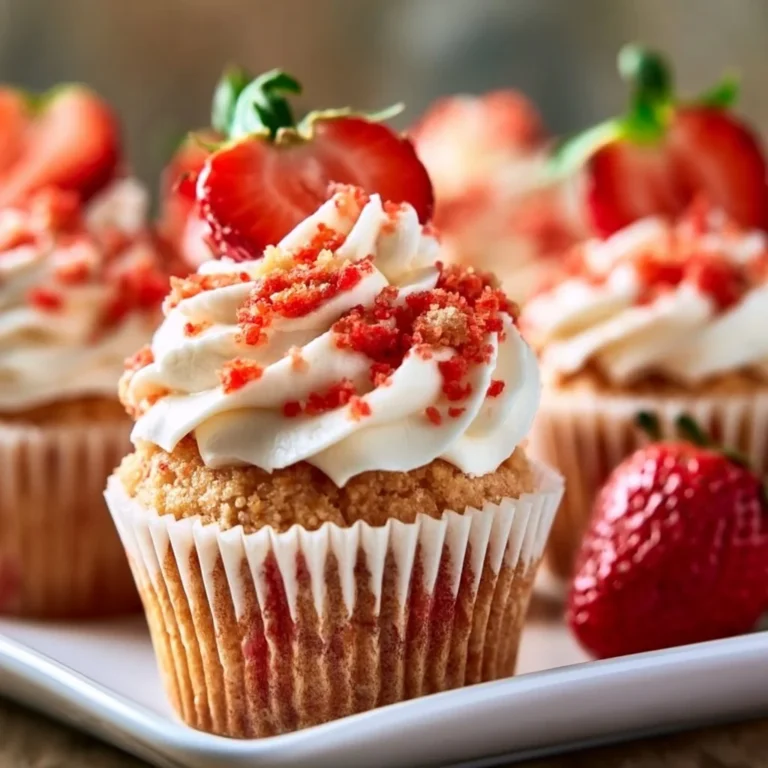 Delicious strawberry crunch cupcakes topped with strawberries and crunchy topping