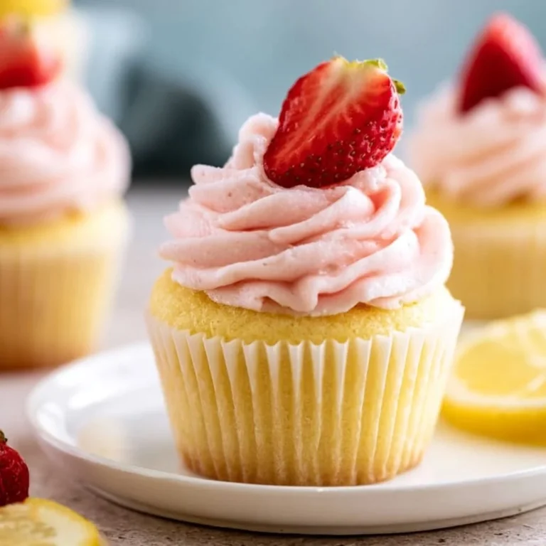 Strawberry lemonade cupcakes topped with lemon frosting and fresh strawberries