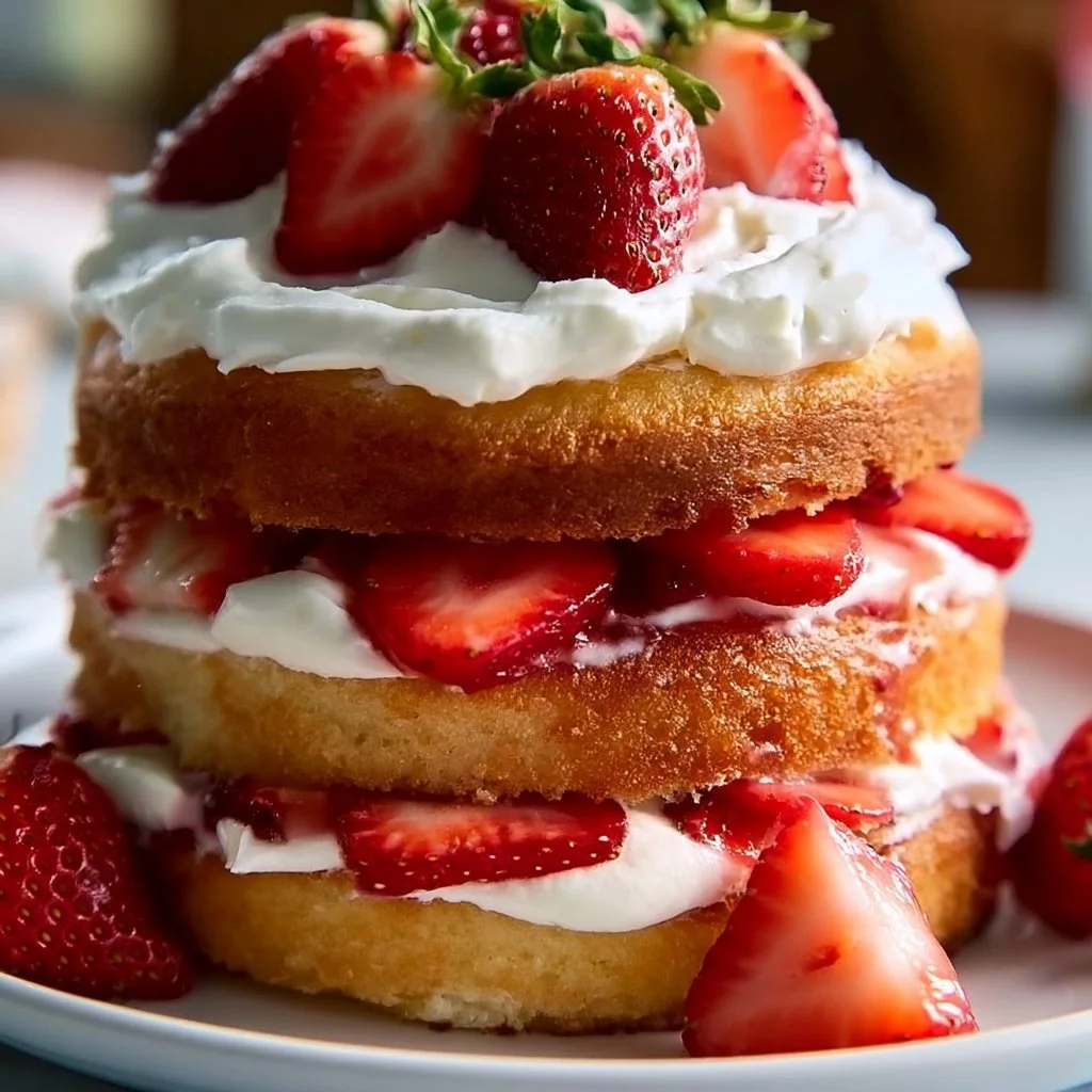 Delicious strawberry shortcake cake topped with fresh strawberries and whipped cream