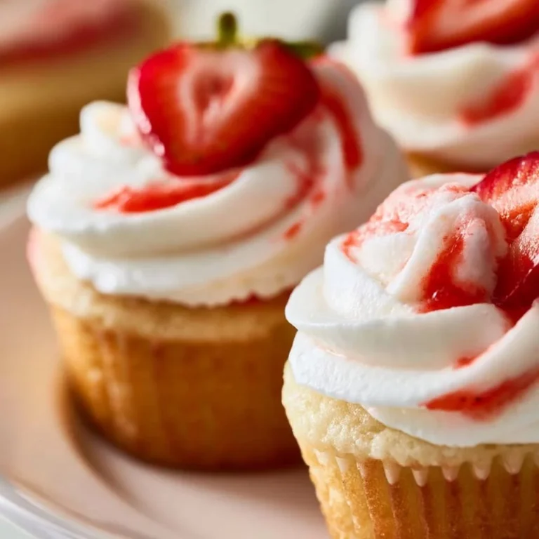 Delicious strawberry shortcake cupcakes topped with fresh strawberries and cream