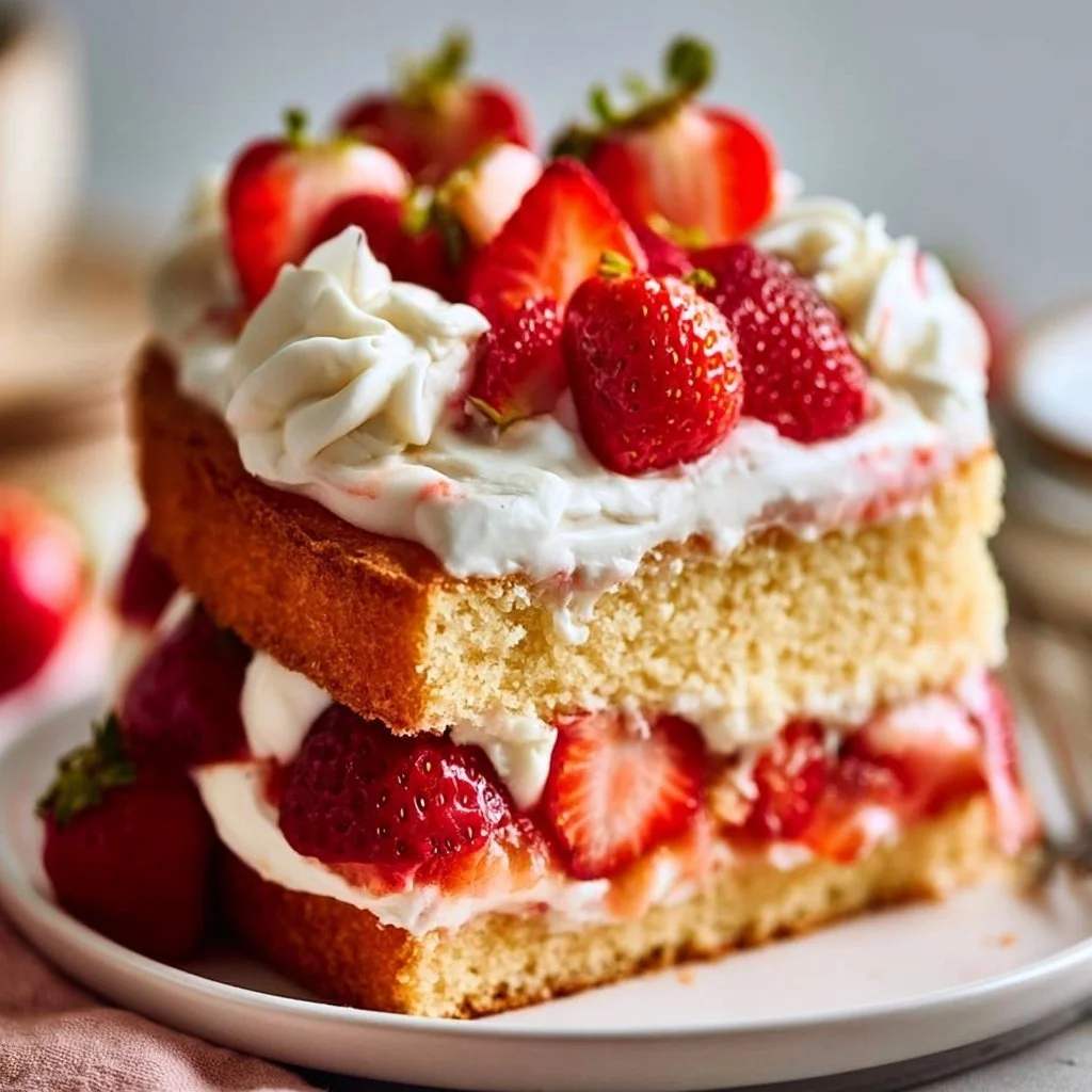 Delicious Strawberry Shortcake Layer Cake with fresh strawberries and whipped cream