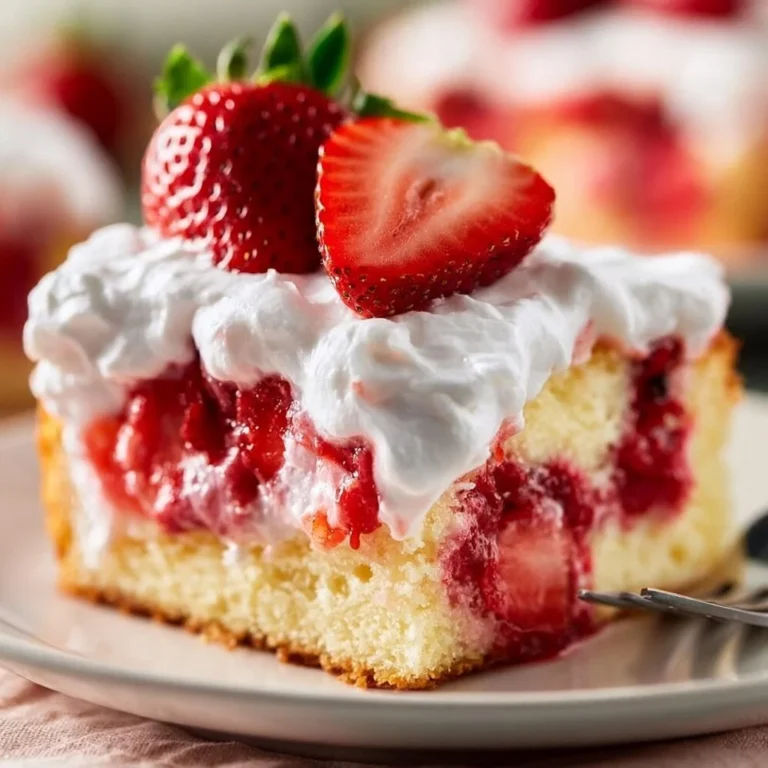 Strawberry shortcake poke cake topped with fresh strawberries and whipped cream
