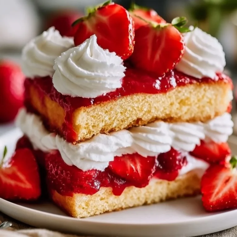Delicious Strawberry Shortcake layered with sponge cake and fresh strawberries