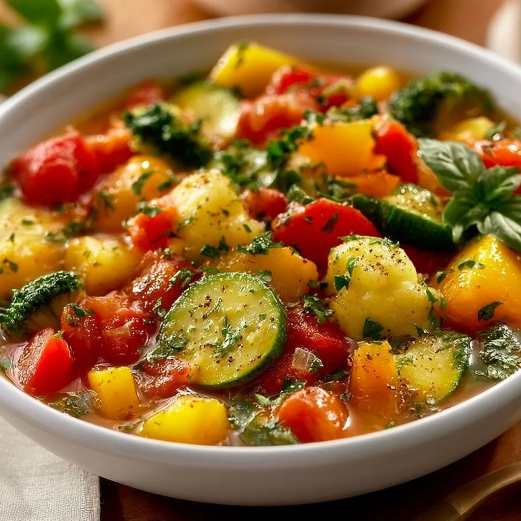 Delicious summer vegetable stew with fresh seasonal vegetables