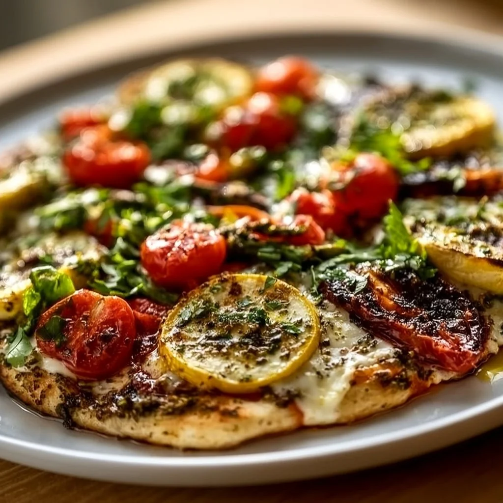 Colorful summer veggie pizza topped with fresh vegetables and herbs