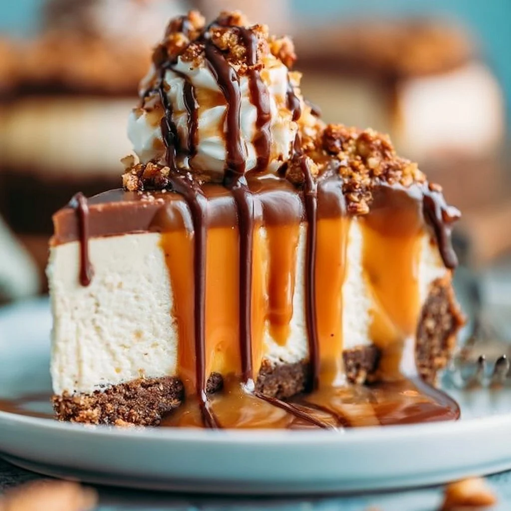 Delicious Turtle Cheesecake topped with caramel and pecans