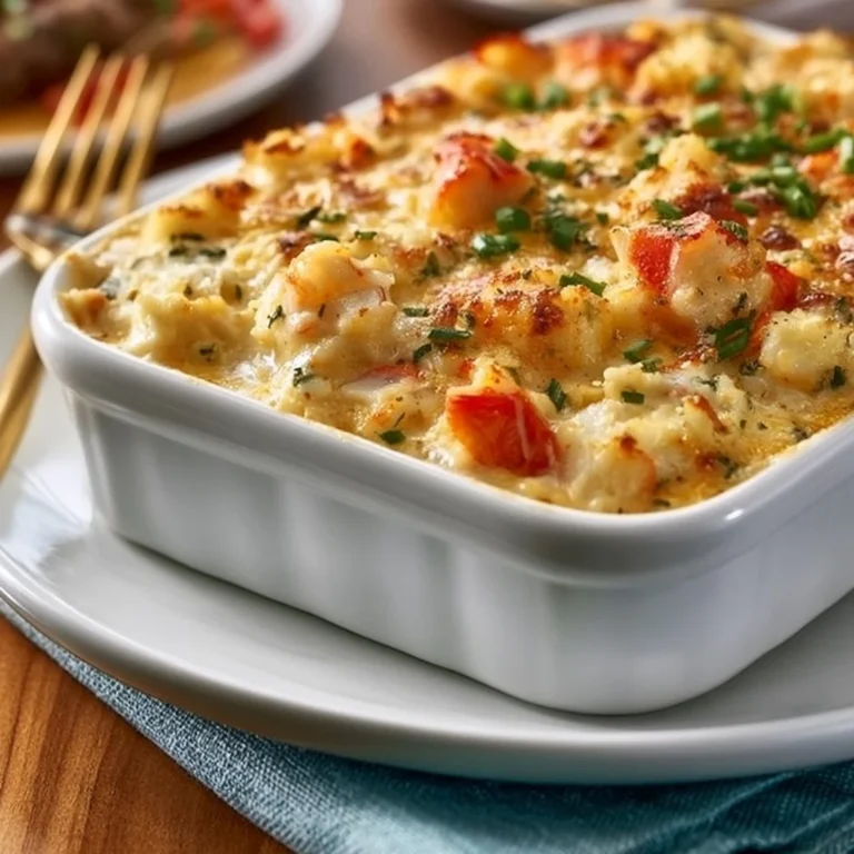 Delicious ultimate crab casserole dish topped with breadcrumbs and herbs
