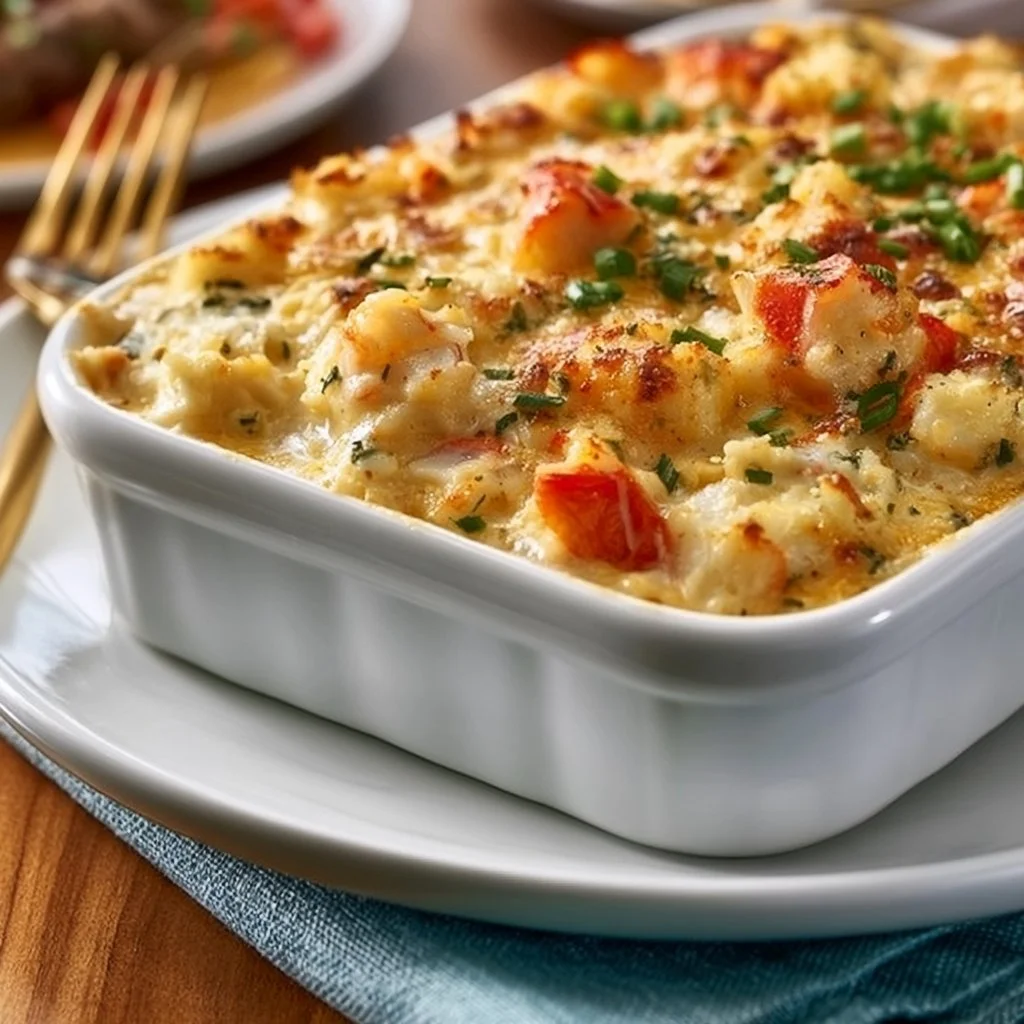 Delicious ultimate crab casserole dish topped with breadcrumbs and herbs